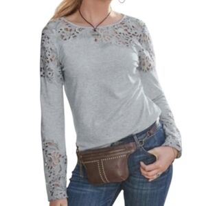 Sundance Lovelier Days  Gray Floral Lace Detail Top